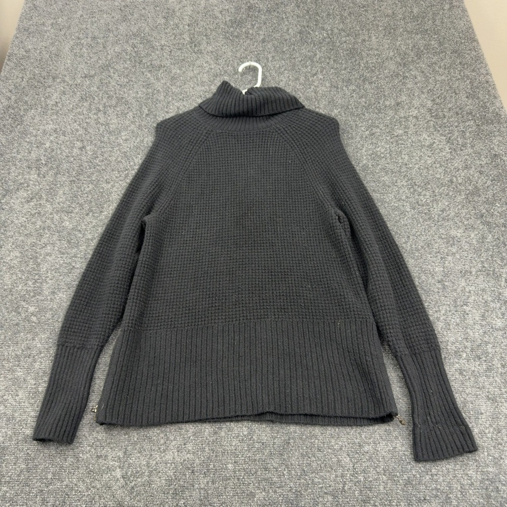 LL Bean Sweater Womens M‎ Black Cotton Blend Waffle Knit Turtleneck Side Zip